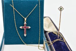 A 9CT GOLD RUBY AND DIAMOND CROSS PENDANT NECKLACE AND A YELLOW METAL STICK PIN, the cross pendant