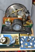 TWO BOXES AND LOOSE METALWARES, CLOCK PARTS AND SUNDRY ITEMS, to include a large slate cased