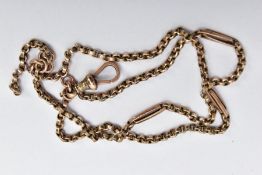 A LATE 19TH CENTURY 9CT GOLD DOUBLE ALBERT CHAIN, a rose gold belcher chain, interspaced with