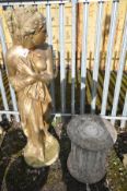 A LARGE COMPOSITE GARDEN FIGURE IN THE FORM OF SCANTILY CLAD ROMAN LADY, standing holding her robes,