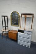A PINE CHEST OF DRAWERS (one drawer missing) a demi lune hall table with glass insert, a storage