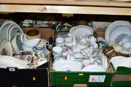 FIVE BOXES OF ASSORTED CERAMICS, including Midwinter fashion shape coffee wares, Tuscan china part