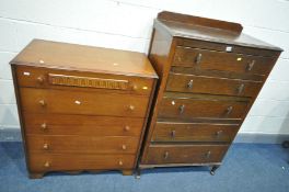 A TALL OAK CHEST OF FIVE LONG GRADUATED DRAWERS, width 77cm x depth 44cm x height 130cm, and a