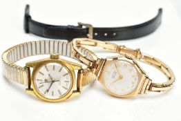 A LADIES 9CT GOLD WATCH HEAD, A GOLD-PLATED WRISTWATCH AND AN ADDITIONAL STRAP, the first with a