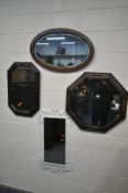 FOUR VARIOUS WALL MIRRORS, to include two early to mid-20th century octagonal mirrors, an oval