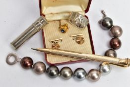 FIVE ASSORTED ITEMS, to include a 14ct rolled gold, engine turned pattern propelling pencil, a cased