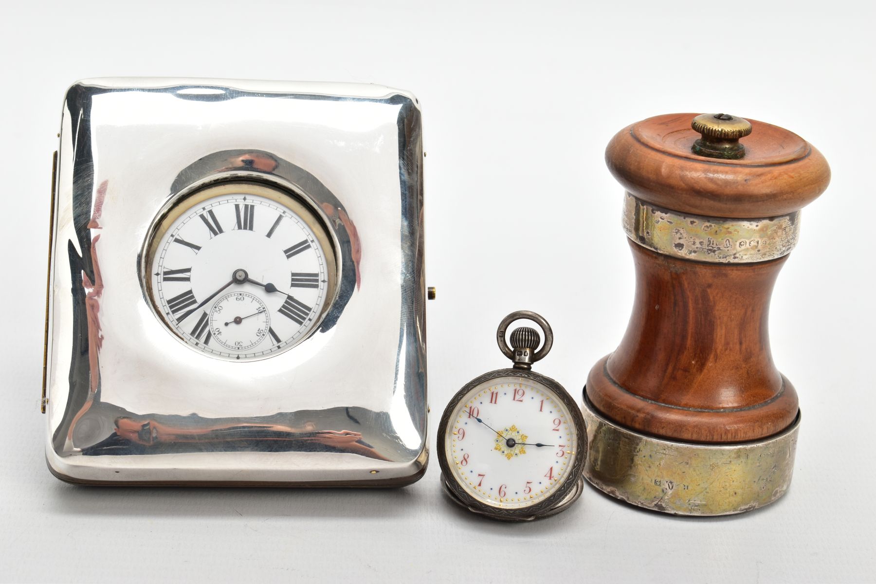 AN OPEN FACE POCKET WATCH WITH CASE, A LADIES SILVER POCKET WATCH AND A SALT MILL, a white metal