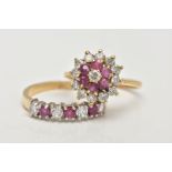 TWO 9CT GOLD GEM SET RINGS, a cluster ring comprising of twelve circular cut rubies and cubic