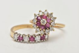 TWO 9CT GOLD GEM SET RINGS, a cluster ring comprising of twelve circular cut rubies and cubic