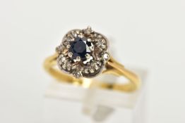 AN 18CT GOLD SAPPHIRE AND DIAMOND RING, a circular cut blue sapphire, approximate width 4mm, prong
