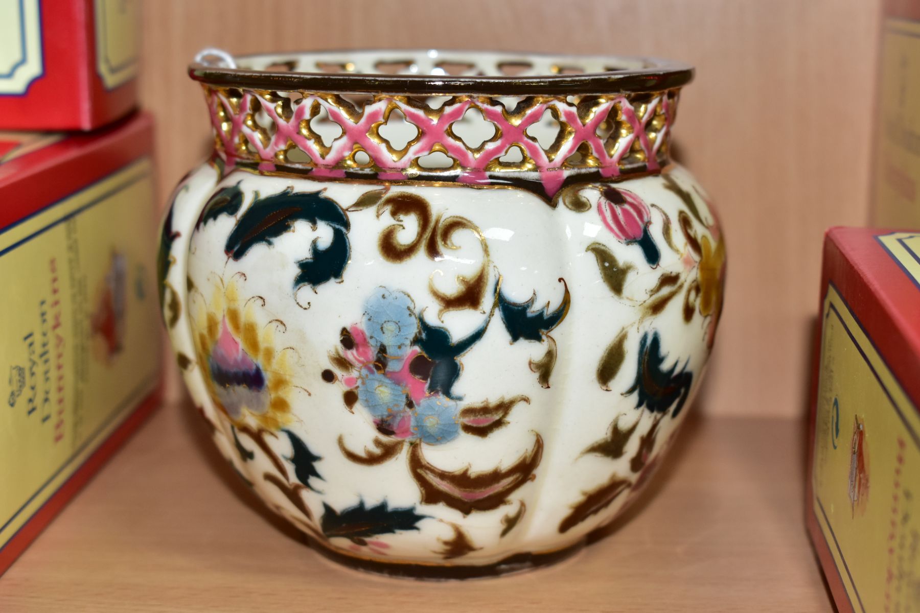 A SMALL ZSOLNAY PECS PLANTER, with pierced rim, florally decorated, blue faded factory mark to - Image 3 of 7