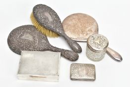 SIX SILVER ITEMS, to include an AF silver embossed vanity mirror, embossed floral and animal scene