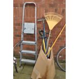 AN ALUMINIUM STEP LADDER 160cm high and a box of garden tools