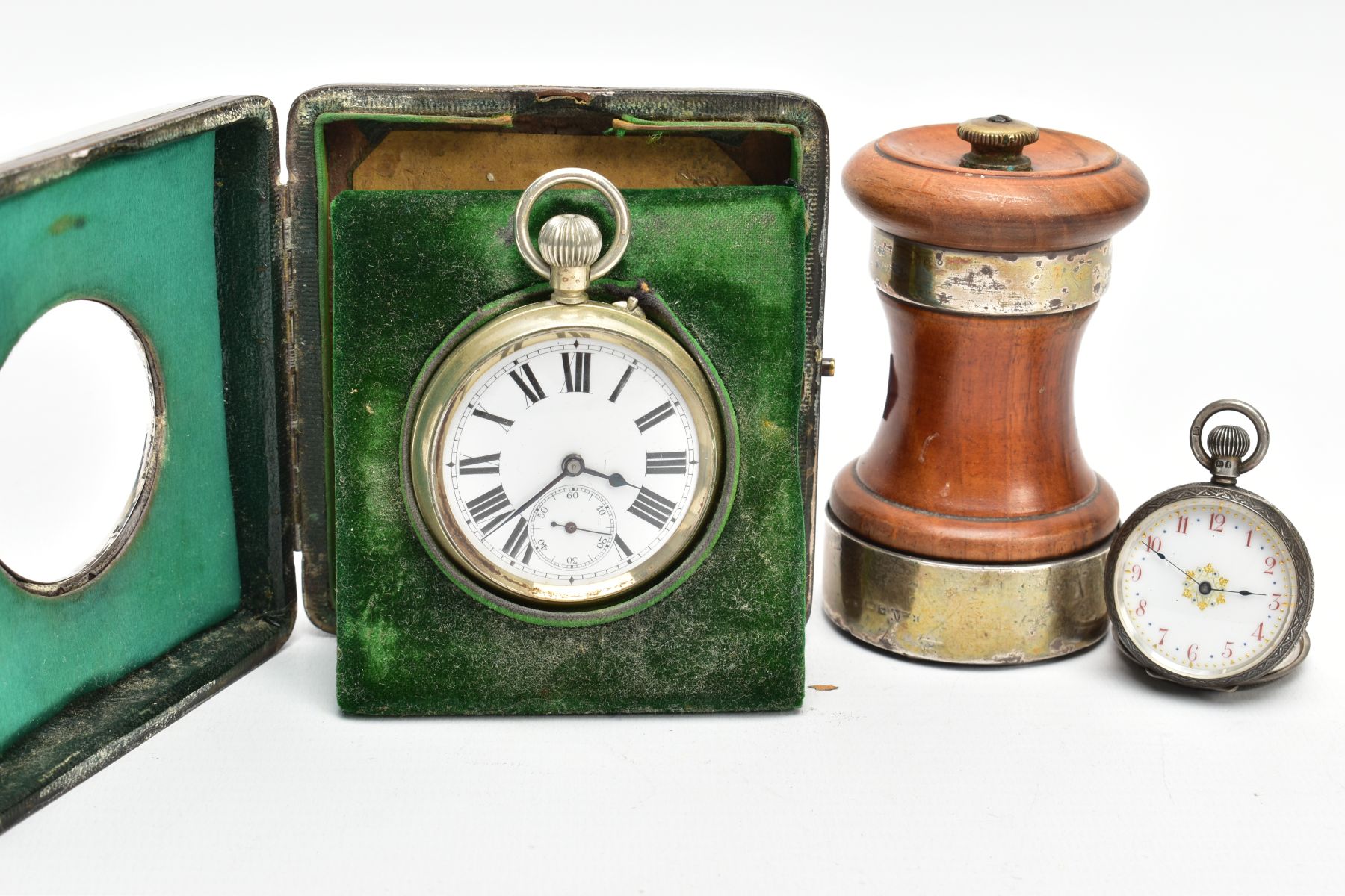 AN OPEN FACE POCKET WATCH WITH CASE, A LADIES SILVER POCKET WATCH AND A SALT MILL, a white metal - Image 5 of 7