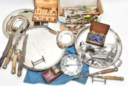A BOX OF ASSORTED WHITE METAL WARE AND CUTLERY, to include a small wooden box with a silver lined