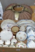 A BOX OF CERAMICS AND A LARGE GLASS LIGHTSHADE, to include a twenty eight piece Paragon Haddon