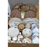 A BOX OF CERAMICS AND A LARGE GLASS LIGHTSHADE, to include a twenty eight piece Paragon Haddon