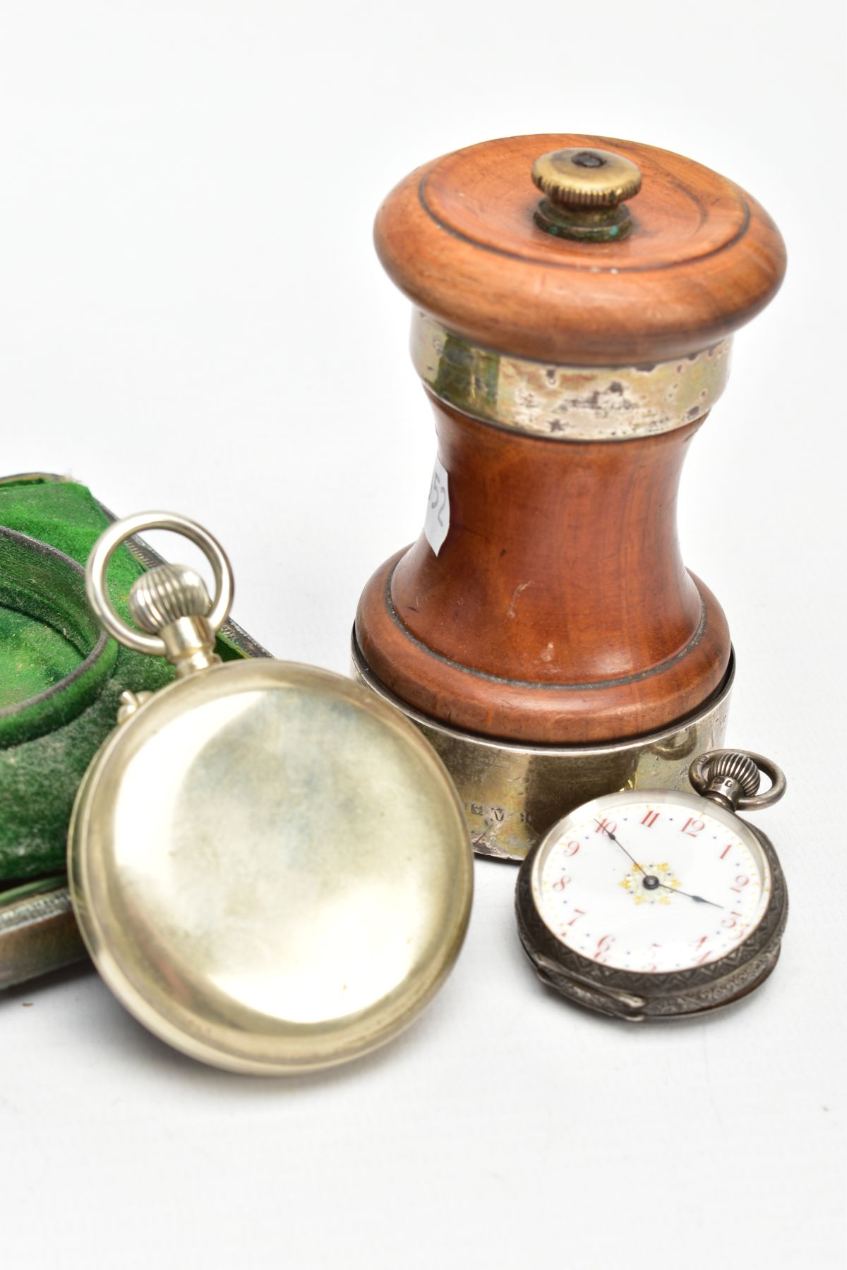 AN OPEN FACE POCKET WATCH WITH CASE, A LADIES SILVER POCKET WATCH AND A SALT MILL, a white metal - Image 6 of 7