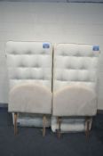 TWO MATTISON SINGLE DIVAN BEDS AND MATTRESSES, with beige headboards (casters loose)