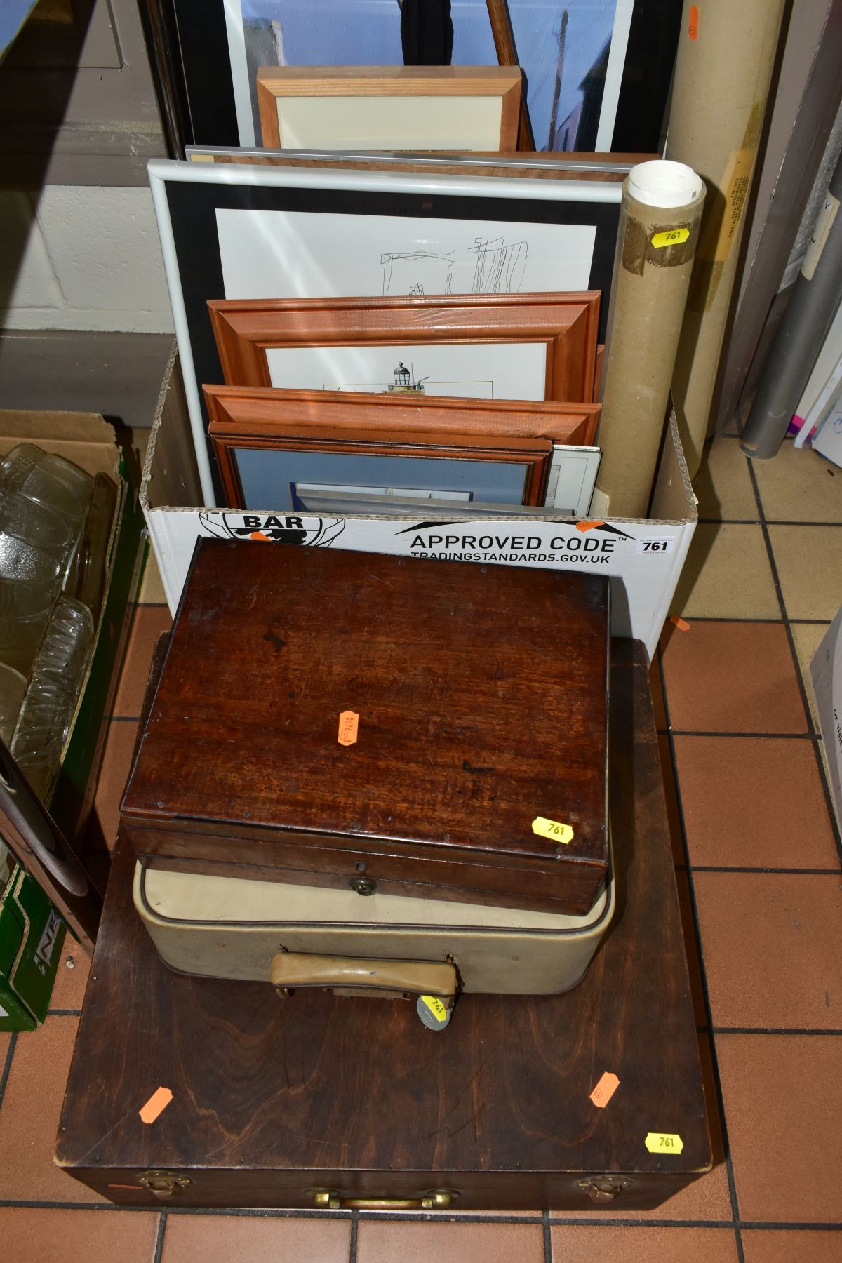 A BOX OF ASSORTED PRINTS, TWO WOODEN BOXES, ETC, the wooden boxes comprising a stained plywood