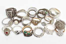 A BAG OF ASSORTED RINGS, to include a silver opal cabochon ring hallmarked Birmingham, two other