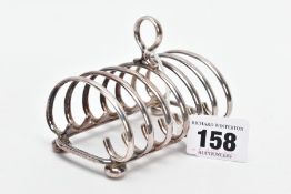 A SILVER TOAST RACK, plain polished design fitted with a circular handle, hallmarked 'C J Vander