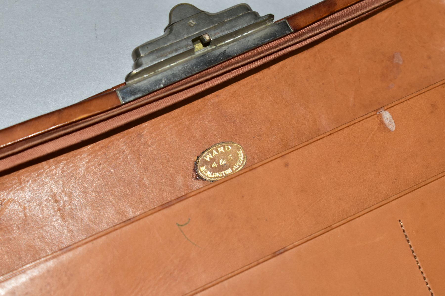 A TAN CROCODILE SKIN WRITING CASE, the cover embossed in gilt H.C.E., bears label for Ward to the - Image 3 of 7
