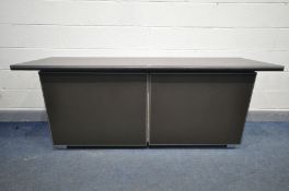 A CONTEMPORARY 21ST CENTURY SIDEBOARD, with an ebonised top, double faux leather sliding doors,