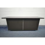 A CONTEMPORARY 21ST CENTURY SIDEBOARD, with an ebonised top, double faux leather sliding doors,