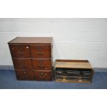 A MAHOGANY THREE SECTION FILING CABINET, with two drawers to each division, labelled 'Shannon office