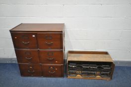 A MAHOGANY THREE SECTION FILING CABINET, with two drawers to each division, labelled 'Shannon office