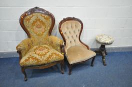 A VICTORIAN WALNUT SWIVEL TOP PIANO STOOL, along with a Victorian style armchair and a
