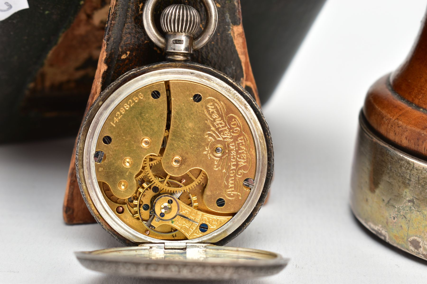 AN OPEN FACE POCKET WATCH WITH CASE, A LADIES SILVER POCKET WATCH AND A SALT MILL, a white metal - Image 4 of 7