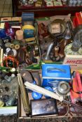 FOUR BOXES OF METALWARES, COLLECTABLES, VINTAGE BOTTLES, ETC, including a brass hand bell with