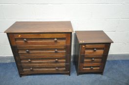 AN OAK CHEST OF FOUR LONG DRAWERS, width 85cm x depth 40cm x height 82cm, and a matching three