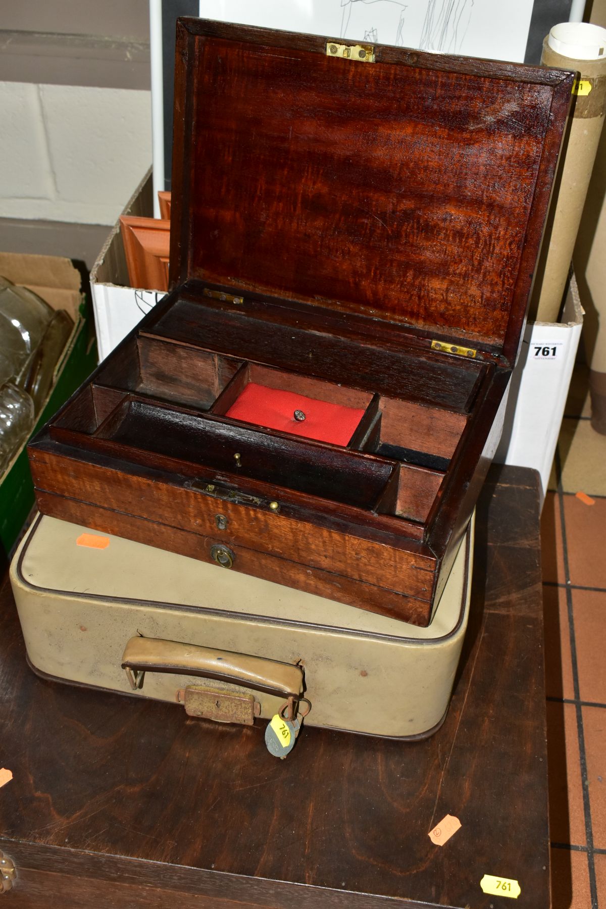 A BOX OF ASSORTED PRINTS, TWO WOODEN BOXES, ETC, the wooden boxes comprising a stained plywood - Image 7 of 9