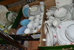 THREE BOXES OF CERAMICS AND GLASS ETC, to include Black Velvet Hostess Tableware part dinner service
