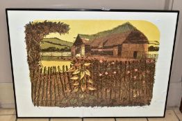 ROBERT TAVENER (BRITISH 1929-2004) 'TITHE BARN AND FENCE' a limited edition linocut print 9/50,