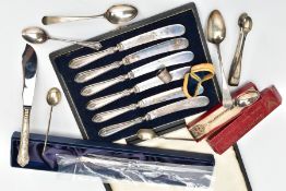 A BOX OF ASSORTED SILVER ITEMS, to include a cased set of six silver handled butter knives each