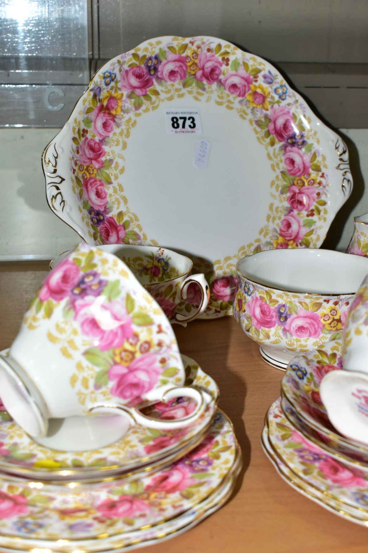 A ROYAL ALBERT SERENA TEASET, comprising cake plate (hairline), milk jug, sugar bowl, six teacups, - Image 3 of 4