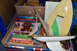 TWO BOXES OF BOOKS, POND YACHT AND SUNDRY ITEMS, to include approximately fifty books, mainly