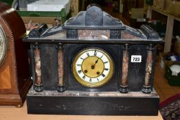 A VICTORIAN SLATE AND MARBLE MANTLE CLOCK, the chapter ring having Roman numeral hour markers, the