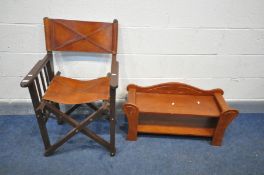 A FOLDING BROWN LEATHER DIRECTORS CHAIRS, and a low stained pine bookcase (2)