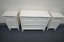 A WHITE FINISH SIDEBOARD/CHEST OF FOUR DRAWERS, width 90cm x depth 36cm x height 75cm, and a pair of