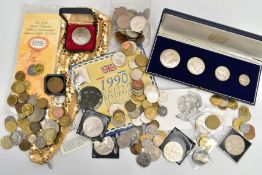 A SMALL BOX OF MIXED COINS, to include bailiwick of jersey 1972 royal wedding anniversary silver