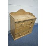 A VICTORIAN PINE WASHSTAND/CHEST OF TWO SHORT OVER TWO LONG DRAWERS, width 92cm x depth 43cm x