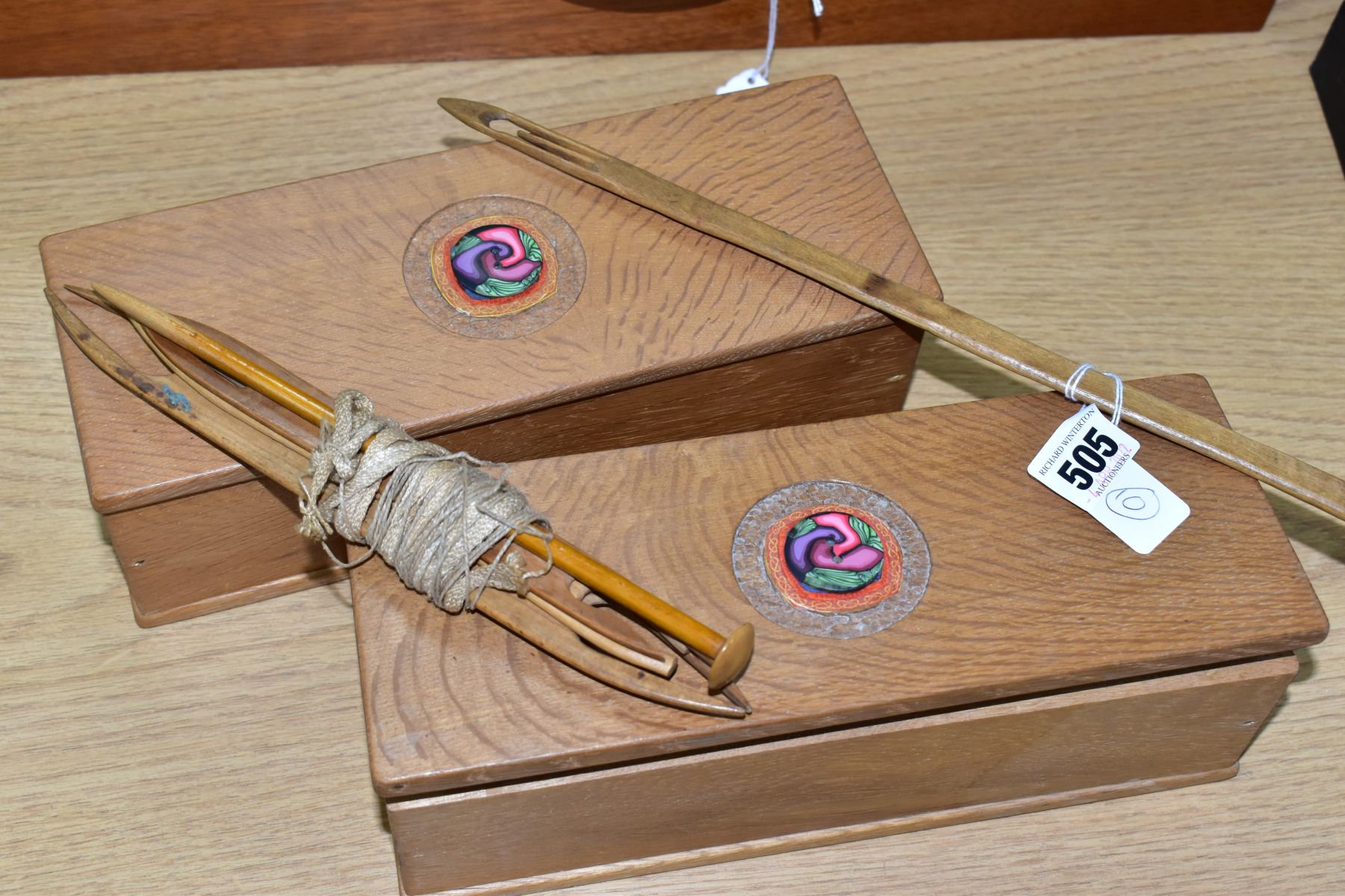 TWO WOODEN BOXES OF LACE MAKING BOBBINS, including bone, wooden, plastic, printed and painted - Image 5 of 5