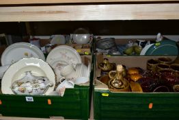 FOUR BOXES OF ASSORTED 20TH CENTURY DINNERWARE, TEA WARE, KITCHEN CROCKERY, ETC, including Biltons