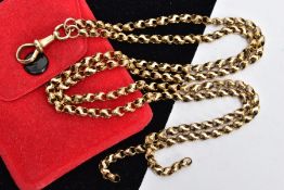 A LATE 19TH CENTURY GOLD DOUBLE ALBERT CHAIN, a yellow gold fancy link belcher chain approximate