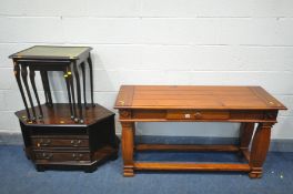 A HARDWOOD SIDE TABLE, with a single drawer, width 127cm x depth 46cm x height 71cm (missing handle)